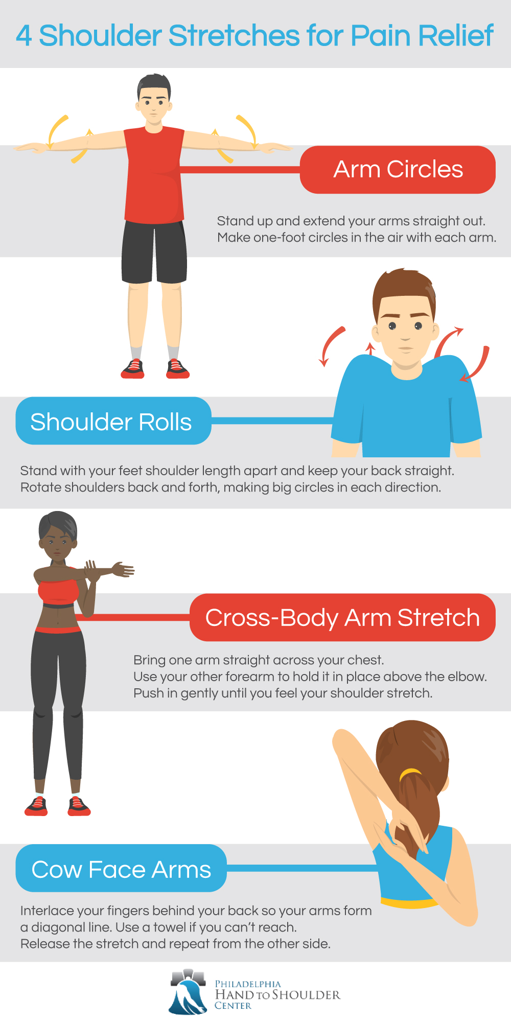 Infographic showing shoulder stretches to try for shoulder pain